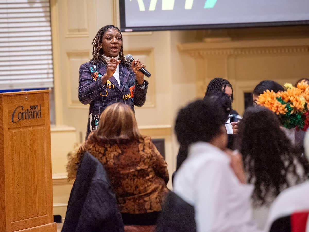 Althea Faith Shaw-Hester 88 speaking at a Black History Month event