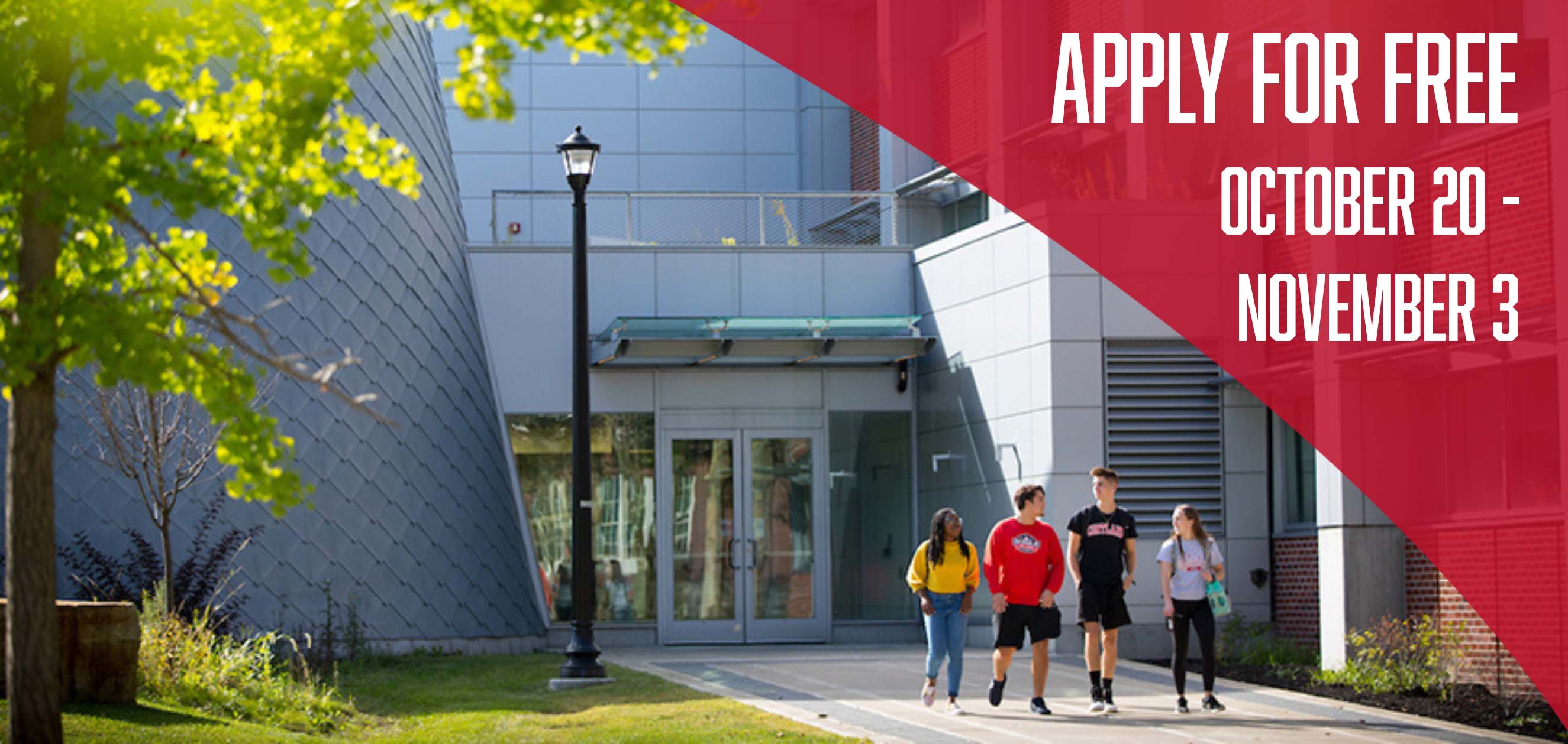 Students walking outside Bowers in the fall. Caption reads 
