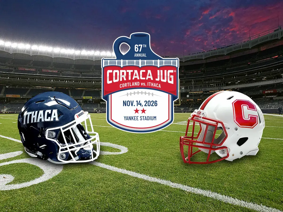 Cortaca Jug 2026 - Ithaca and Cortland helmets face each other on the stadium with Cortaca 67 logo between them.