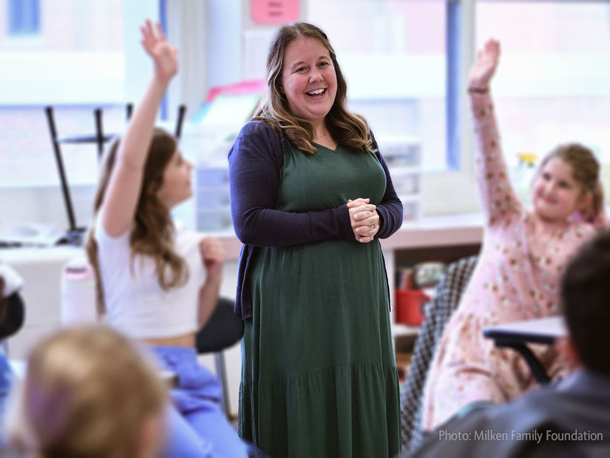 fifth grade teacher Emily Litz answers student questions about her new Milken Award