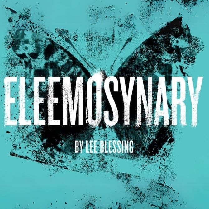 Graphic of an abstract, inky butterfly with the text "Eleemosynary by Lee Blessing" over top