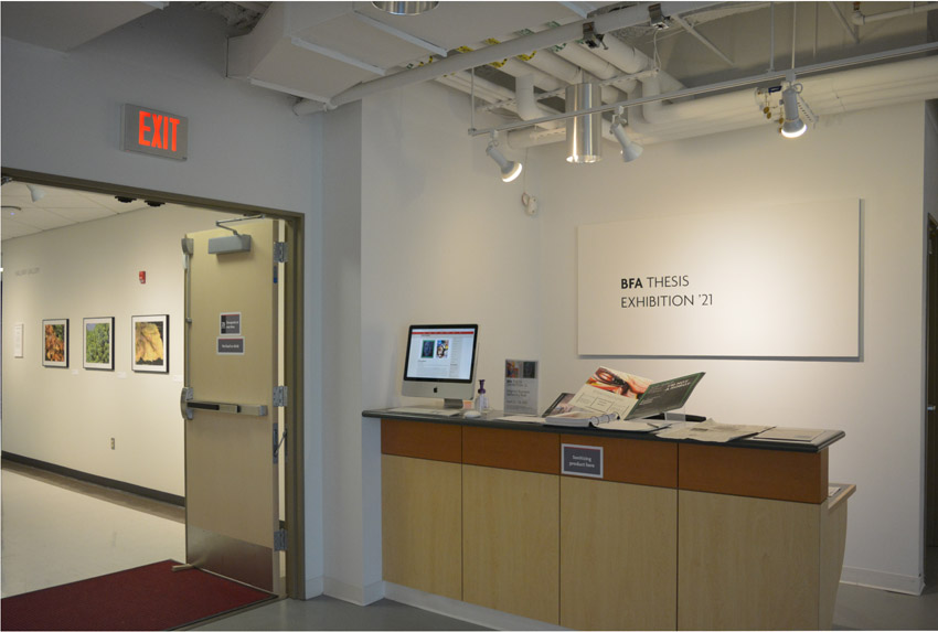 View of the Dowd Gallery entrance with the BFA exhibit showing