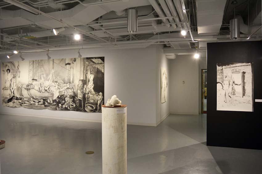 A view into the central gallery featuring Andrew Ellis Johnson's works on paper and cultured marble sculptures as part of the 'Founder' exhibition.