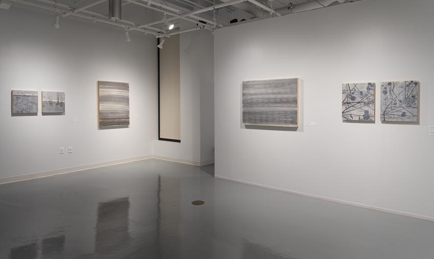 View into the east interior of Dowd Gallery featuring small format drawings and paintings by Binghamton-based artist Natalija Mijatović. Image: Marcus Newton. 