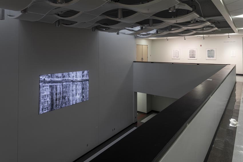 View into the Critique Space and Hallway Gallery at Dowd Gallery featuring paintings and works on paper by Binghamton-based artist Natalija Mijatović. Image: Marcus Newton. 