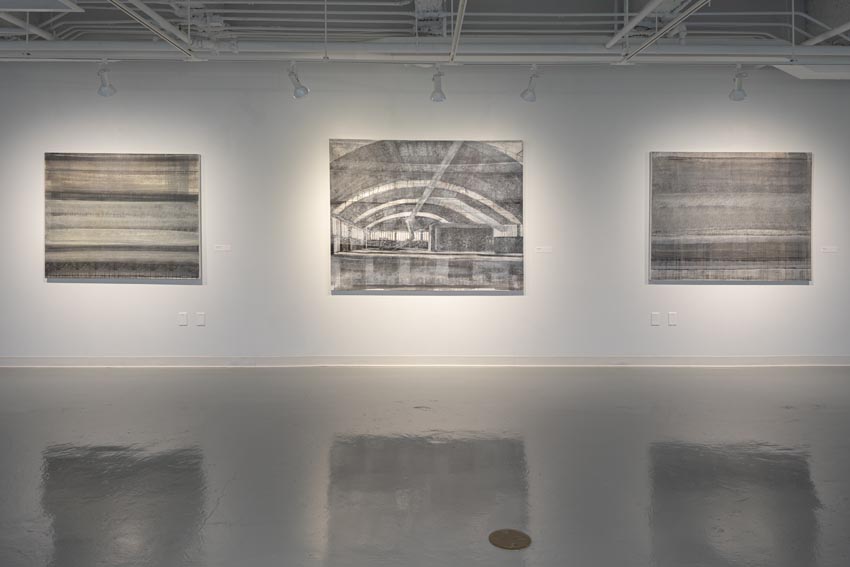 View into the central interior at Dowd Gallery featuring paintings by Binghamton-based artist Natalija Mijatović. Image: Marcus Newton.