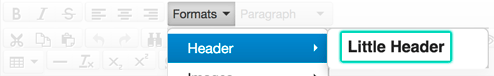The Little header option is found in the Formats drop-down in the Header section, the seventh option in the first row of the editor.